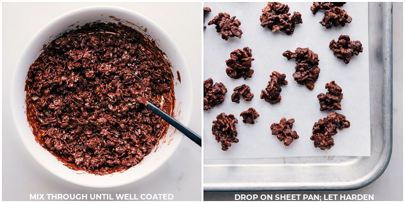 Process shots-- images of the chocolate crunch being dropped on a sheet pan to let harden