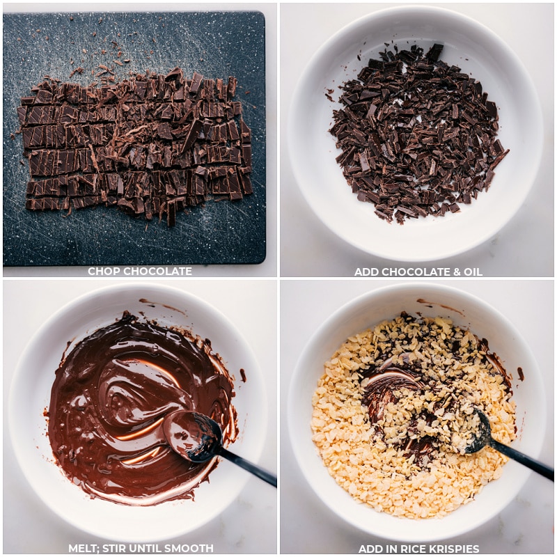 Process shots of Buncha Crunch-- images of the chocolate being melted and the Rice Krispies being added in