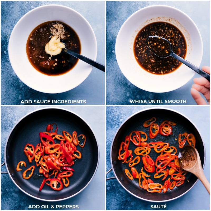Cashew chicken sauce being mixed and red peppers sautéing in a skillet.