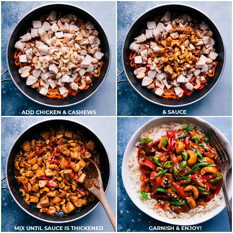 Chicken and cashews added to the skillet and cooked together.
