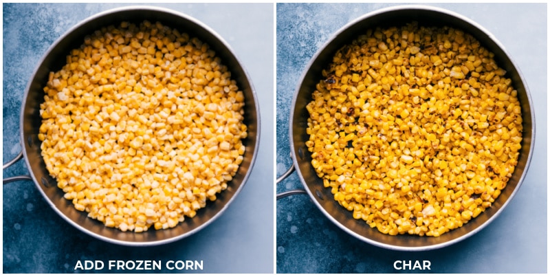 Process shots-- images of the frozen corn being charred