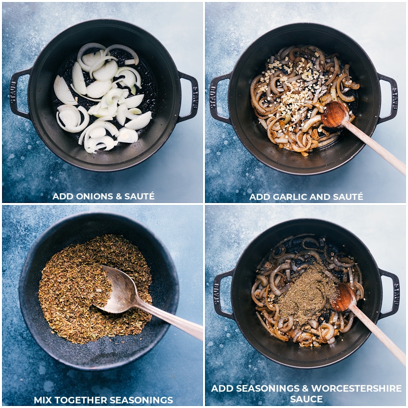 Process shots of Crockpot Roast-- images of the onions, garlic, and seasonings being sautéed and then Worcestershire sauce being added