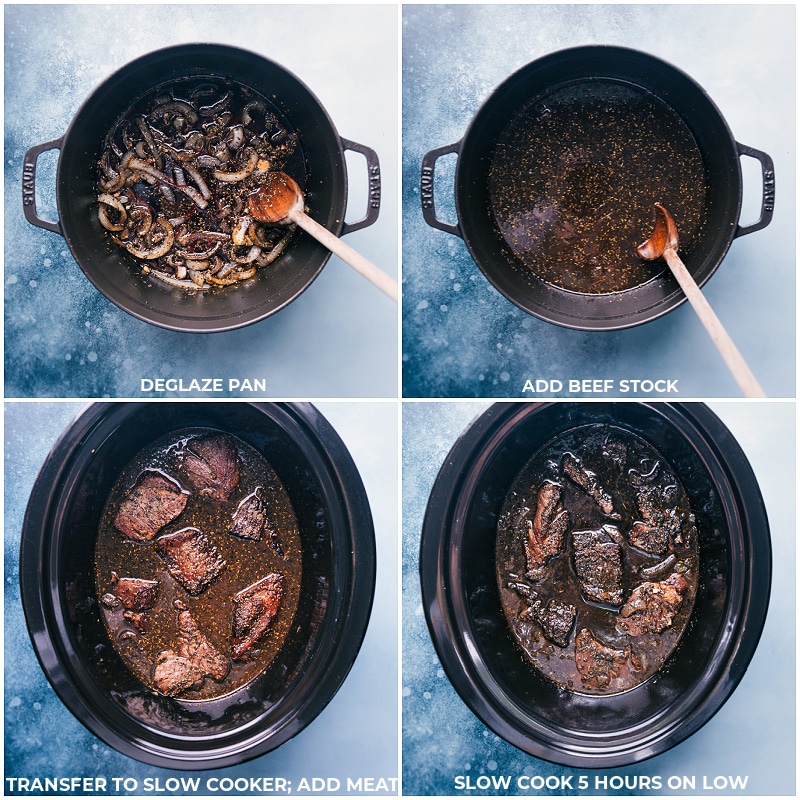 Process shots-- images of deglazing the pan, adding beef stock and the partially cooked meat and then slow cooking
