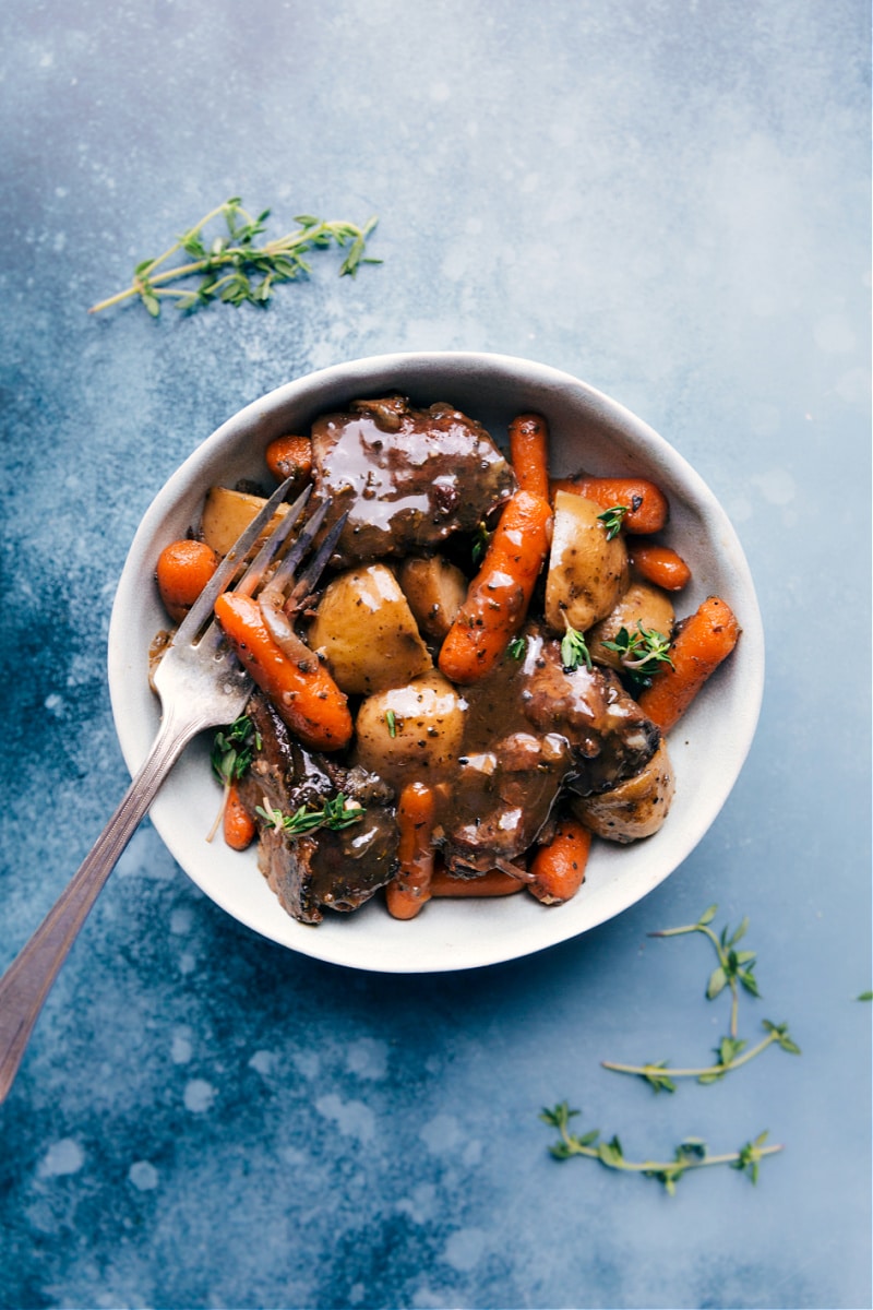 Overhead image of the Crockpot Roast on a plate ready to be eaten