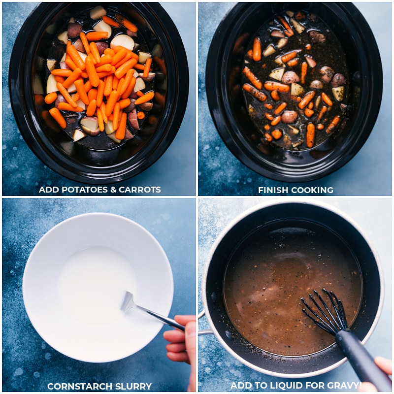 Process shots of Crockpot Roast-- images of the potatoes and carrots being added and it continuing to cook and the the gravy being made