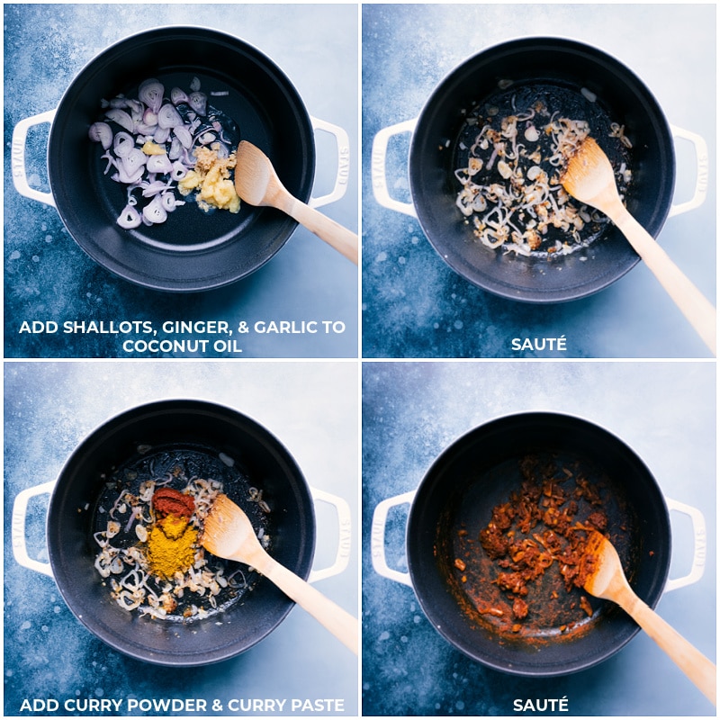 Process shots of Curry Noodle Soup: browning the aromatics in coconut oil; adding spices; continuing to cook