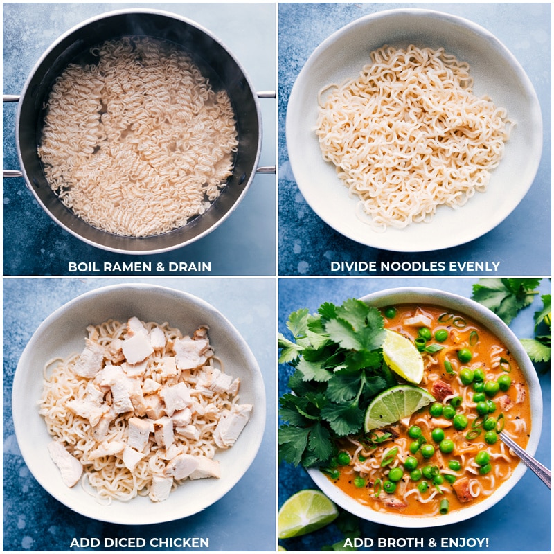 Process shots: boil and drain ramen; divide noodles between serving bowls; add chicken; add broth and serve.