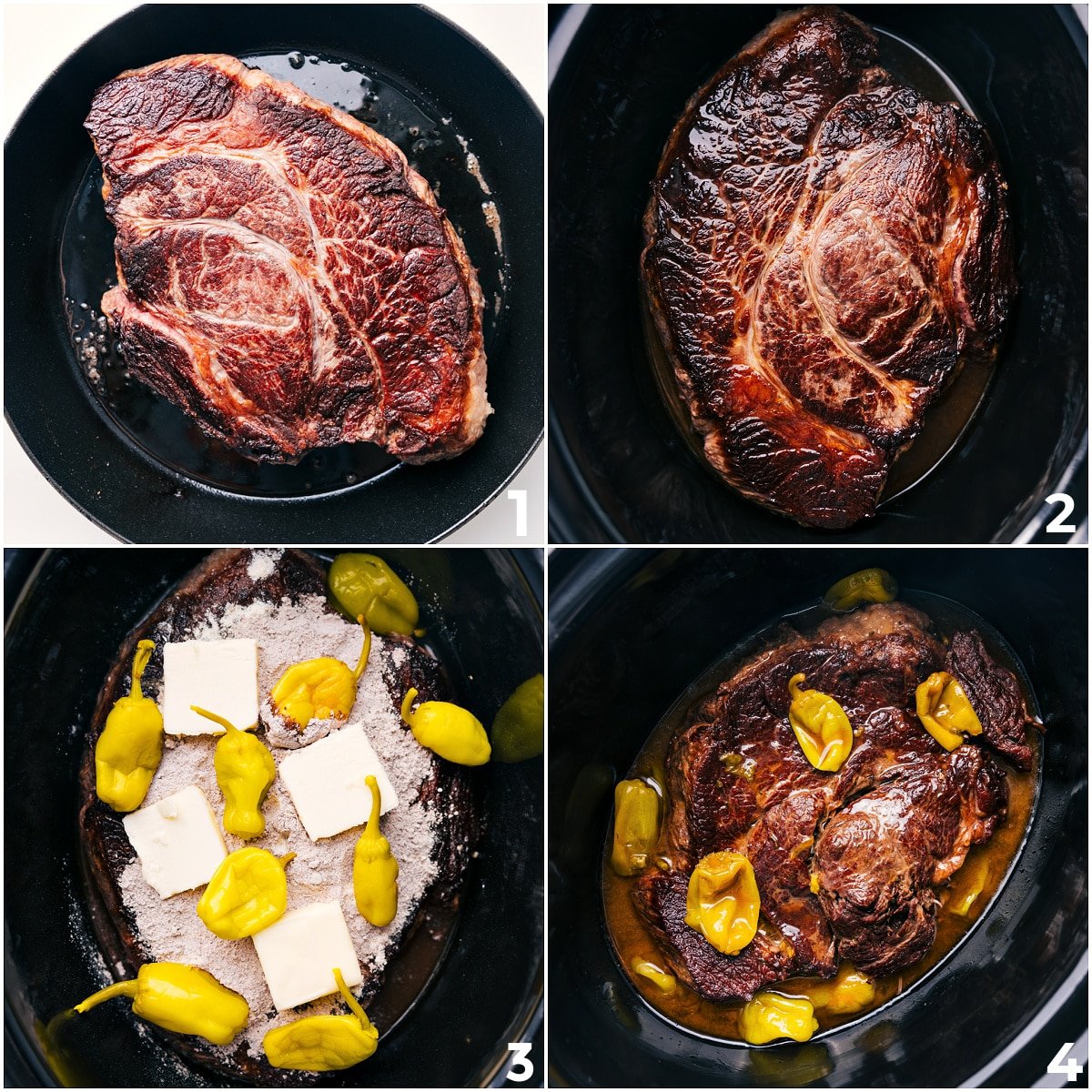 The roast is seared, then added to the crockpot with butter, the seasoning mixes, and pepperoncini for this Crockpot Mississippi Pot Roast.
