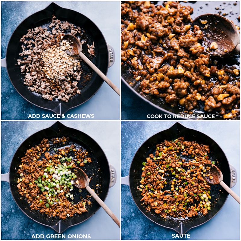 Process shots-- images of the sauce and cashews being cooked together and then green onions being added