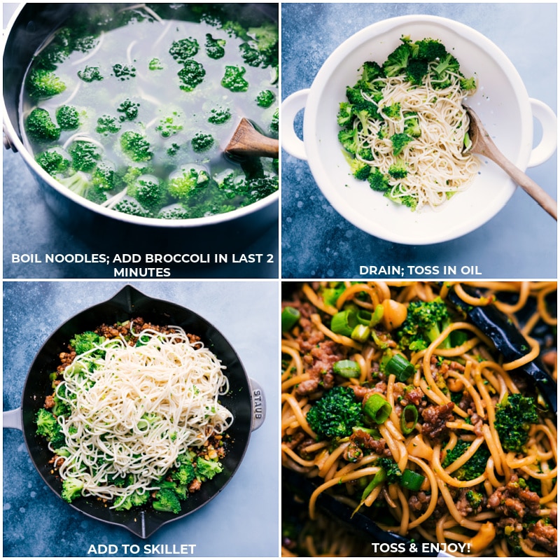 Process shots of Dragon Noodles-- images of the noodles and broccoli being boiled and it being added to the skillet