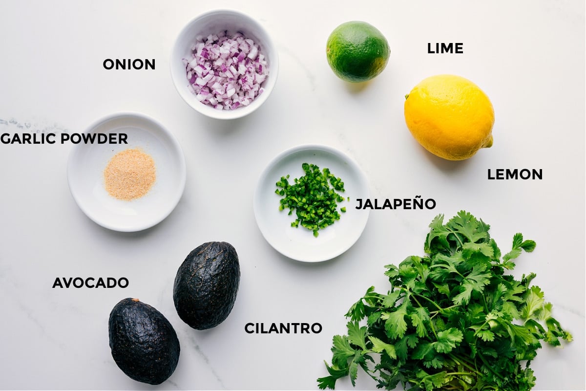 Ingredients prepped and ready, including onions, lime, lemon, jalapeño, cilantro, avocado, and garlic powder.