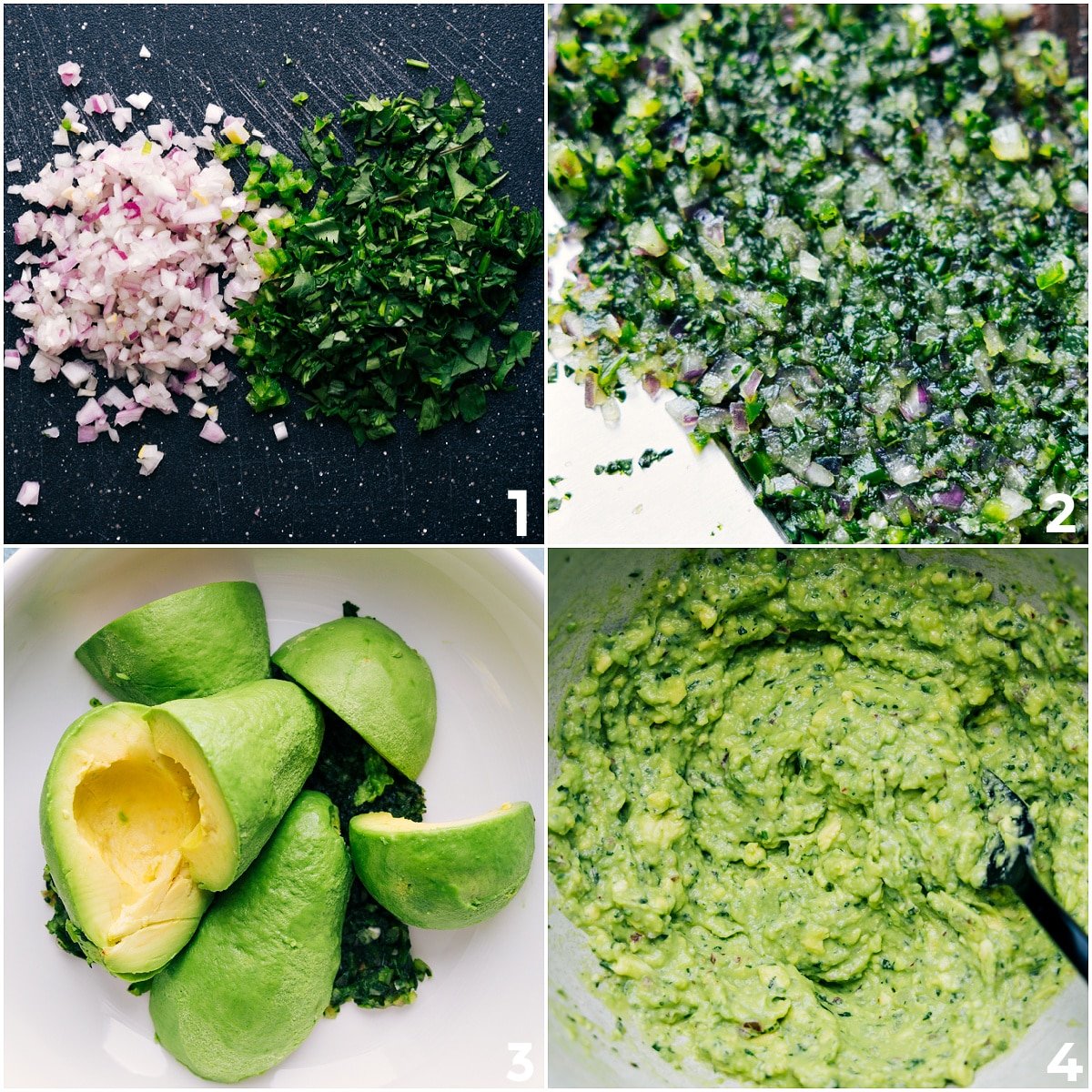 Finely chopped cilantro and onions mixed with avocado, seasonings, lime, and lemon juice to make guacamole.