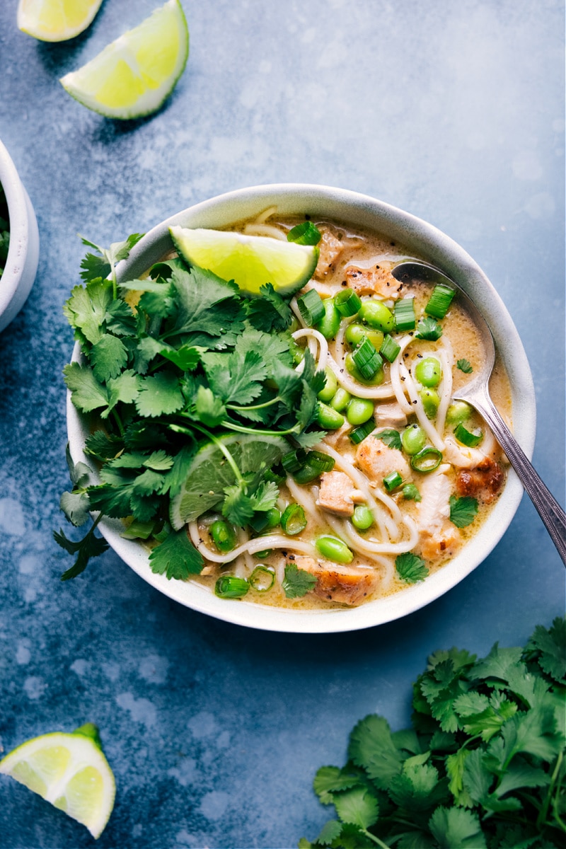 Up-close overhead image of the Green Curry Noodle Soup ready to be enjoyed