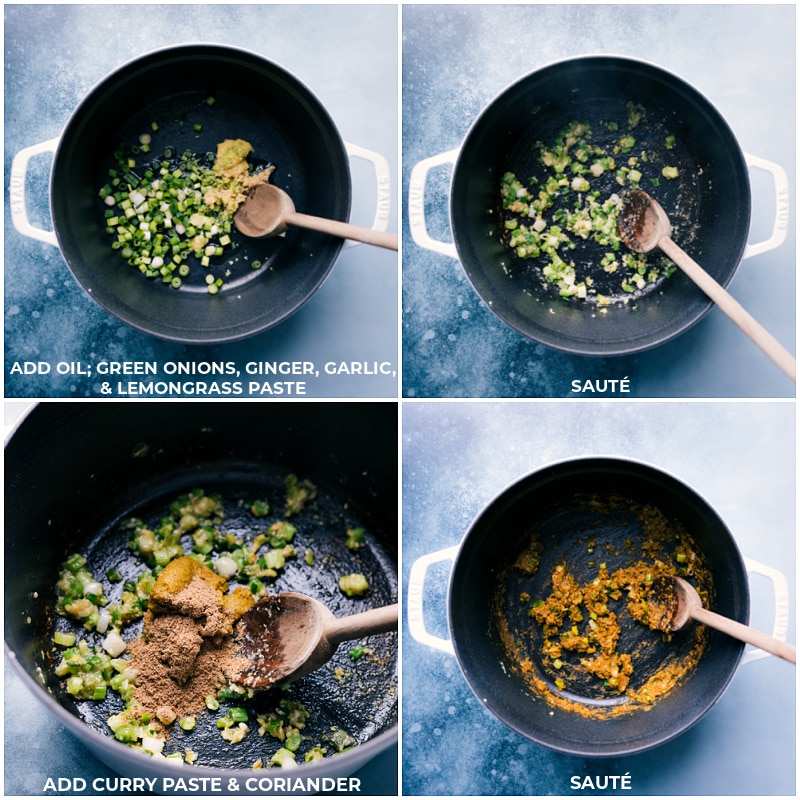 Process shots-- images of the oil, green onions, ginger, garlic, lemongrass, curry paste, and coriander being added to a pot and sautéed together