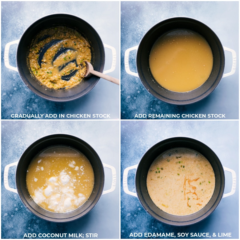 Process shots of the Green Curry Noodle Soup-- images of the chicken stock, coconut milk, edamame, soy sauce, and lime being added