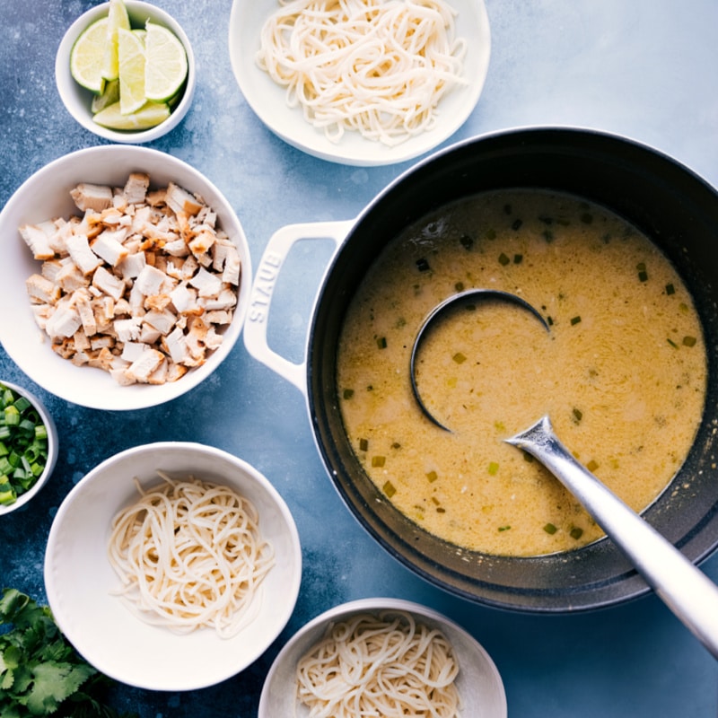 Ingredient shots of Green Curry Noodle Soup-- images of the bowls being prepped out to add the soup into