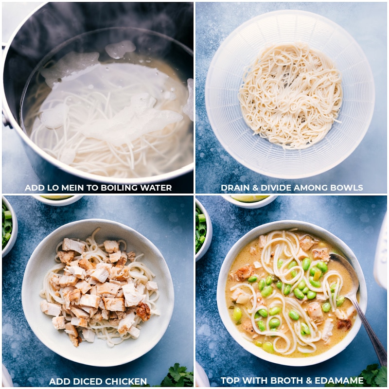 Process shots-- images of the lo mein and chicken being added and mixed together