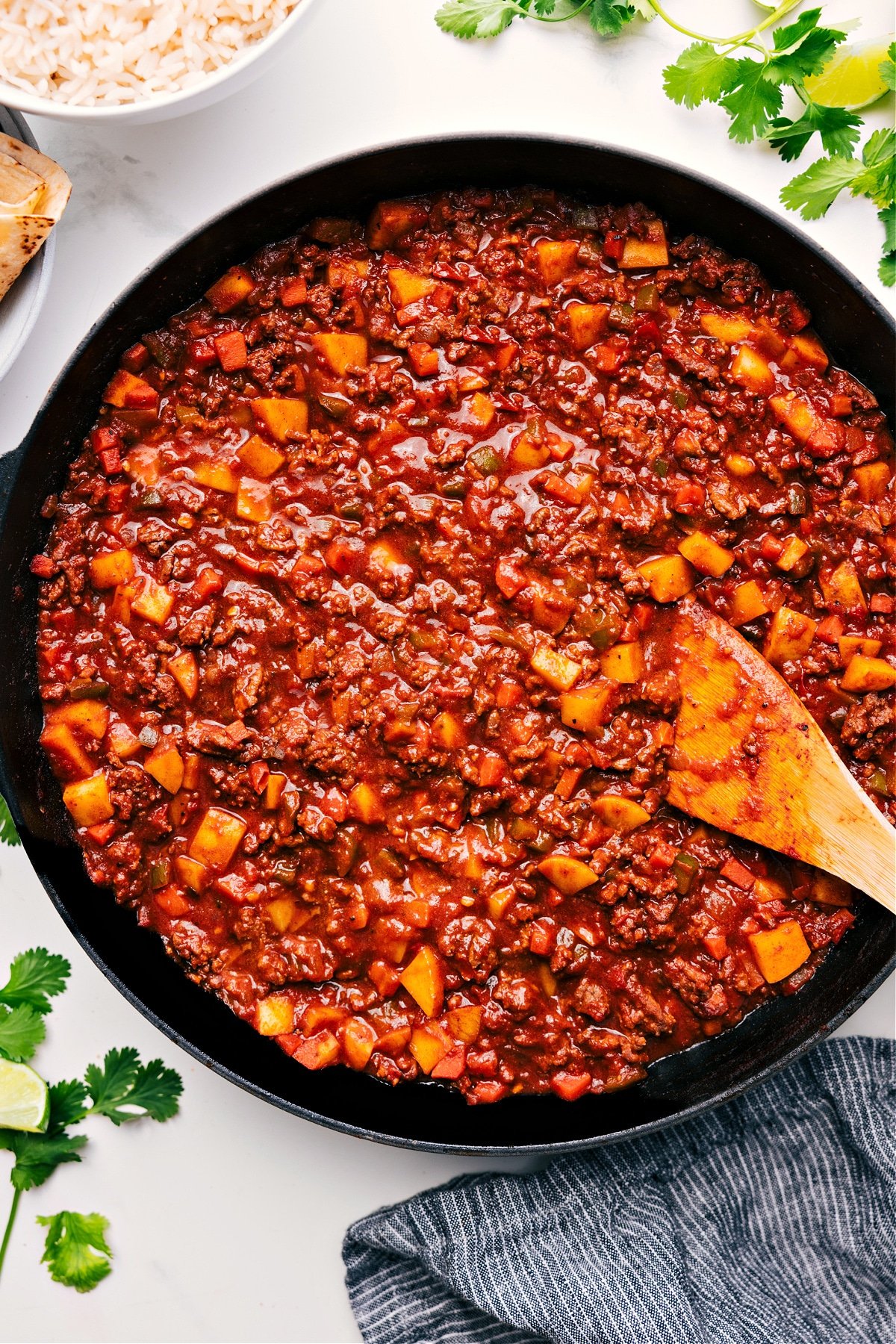 The Best Mexican Picadillo Recipe Mexican Picadillo in a skillet, ready to be served and enjoyed.