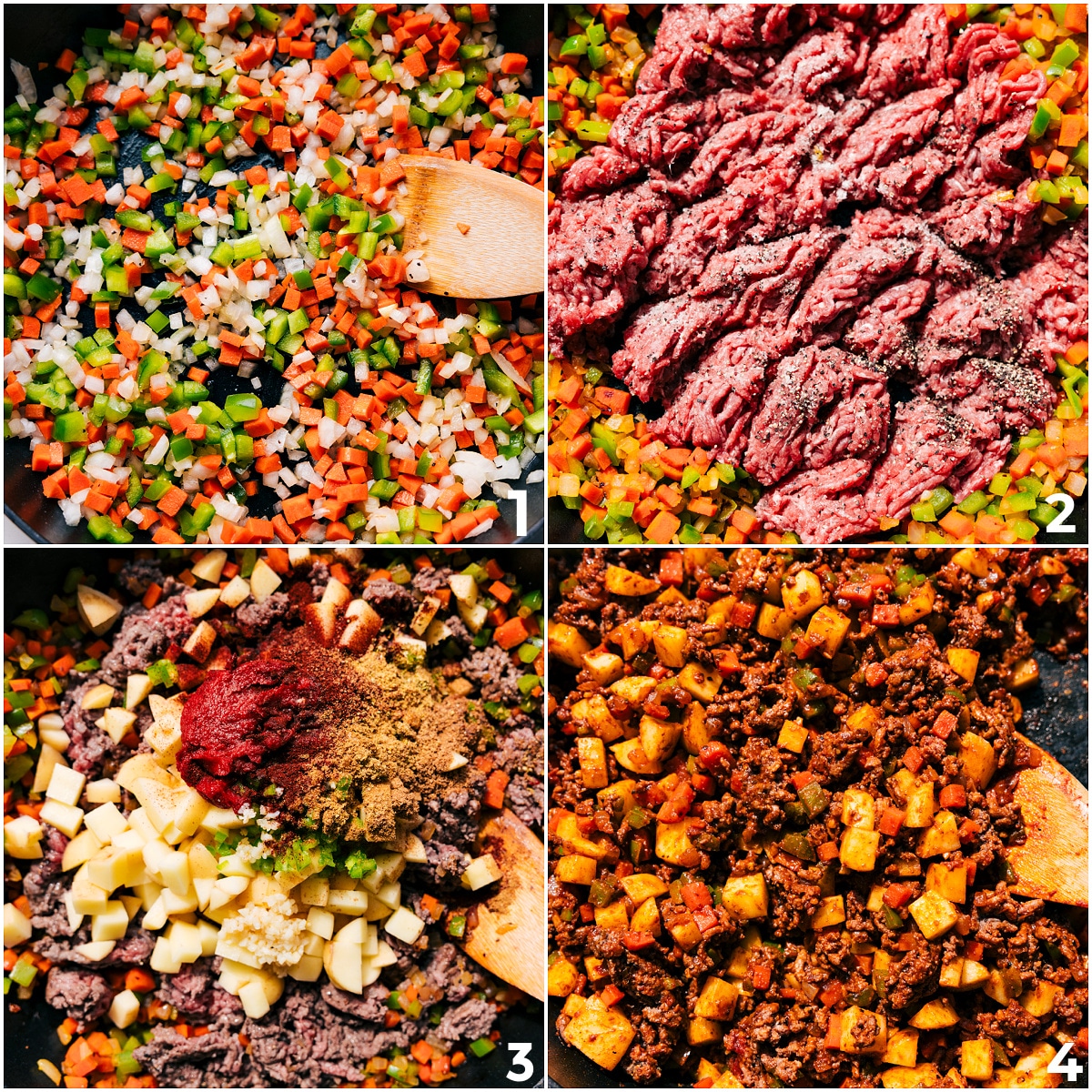 The veggies are sautéed, the beef is browned, seasonings and tomato paste are added, and everything is cooked together for this Mexican Picadillo.