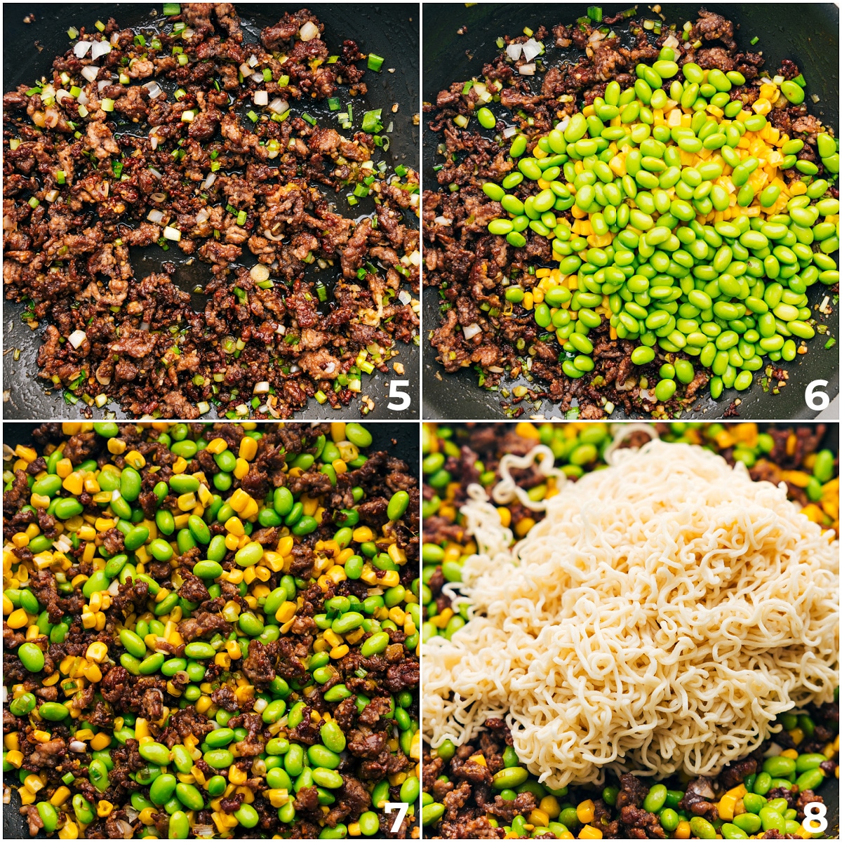 Edamame and corn being added and warmed through the pork then the noodles being added in with the meat for this Pork Ramen Stir Fry Recipe.