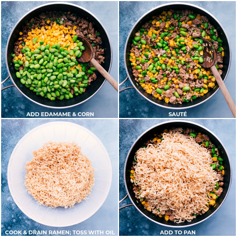 Process shots of pork stir fry-- adding the edamame and corn; adding the cooked ramen to the pan.