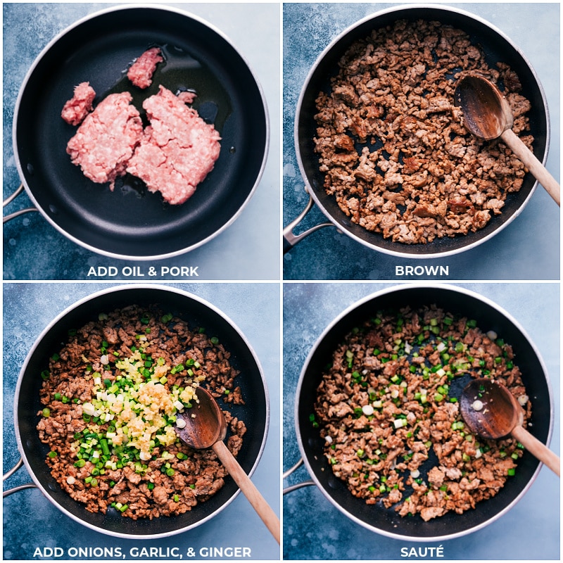 Process shots--browning the pork and the onions; adding garlic, and ginger