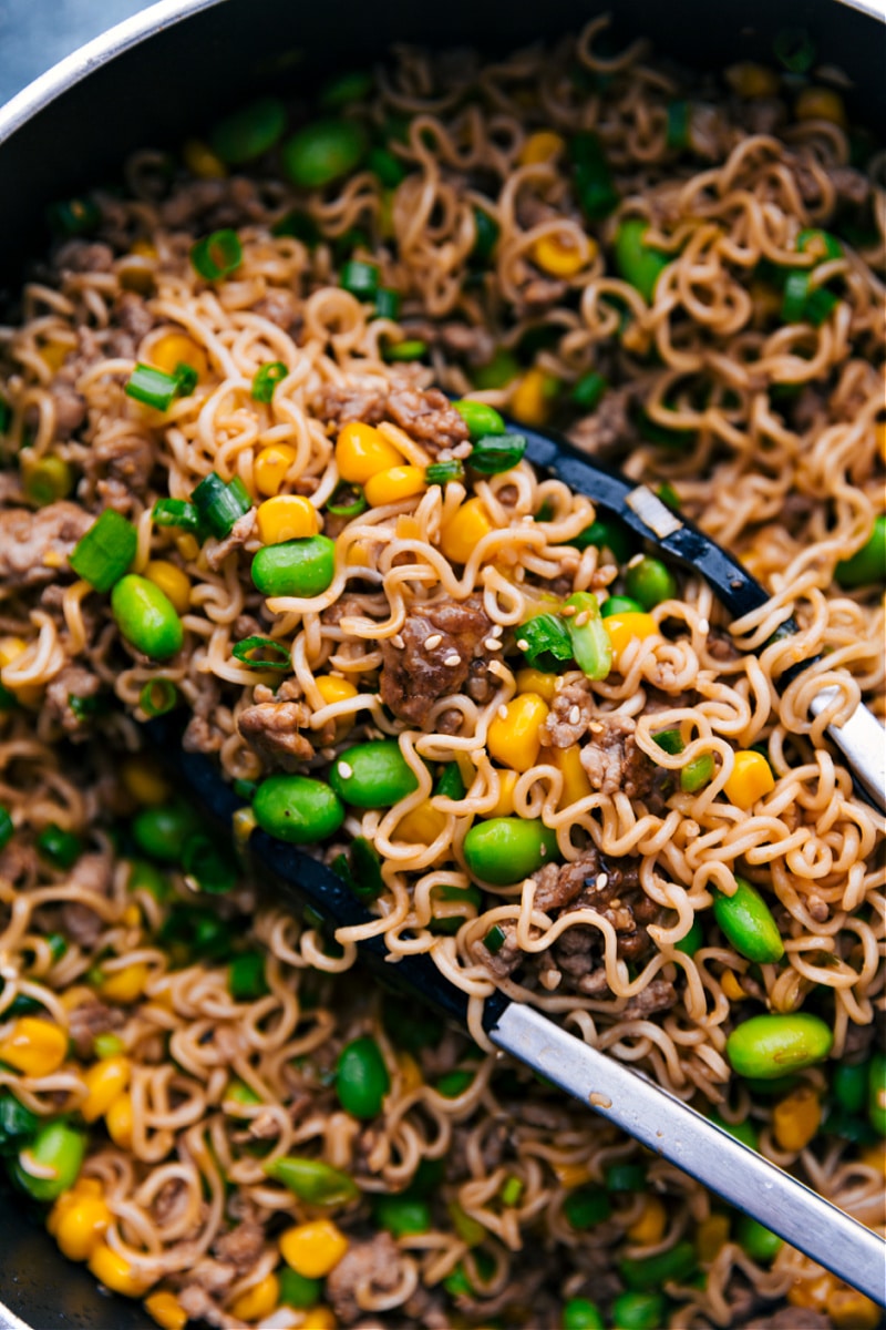 Up-close overhead image of the Pork Ramen Stir Fry