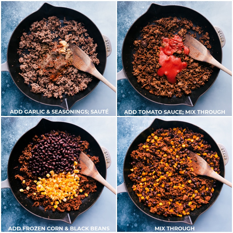 Process shots-- images of the seasonings, tomato sauce, corn, and black beans being added and mixed together