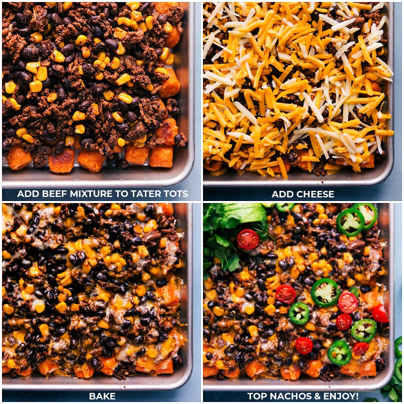 Process shots of Totchos-- images of the beef mixture being added to the tots, then cheese being added and it all being roasted