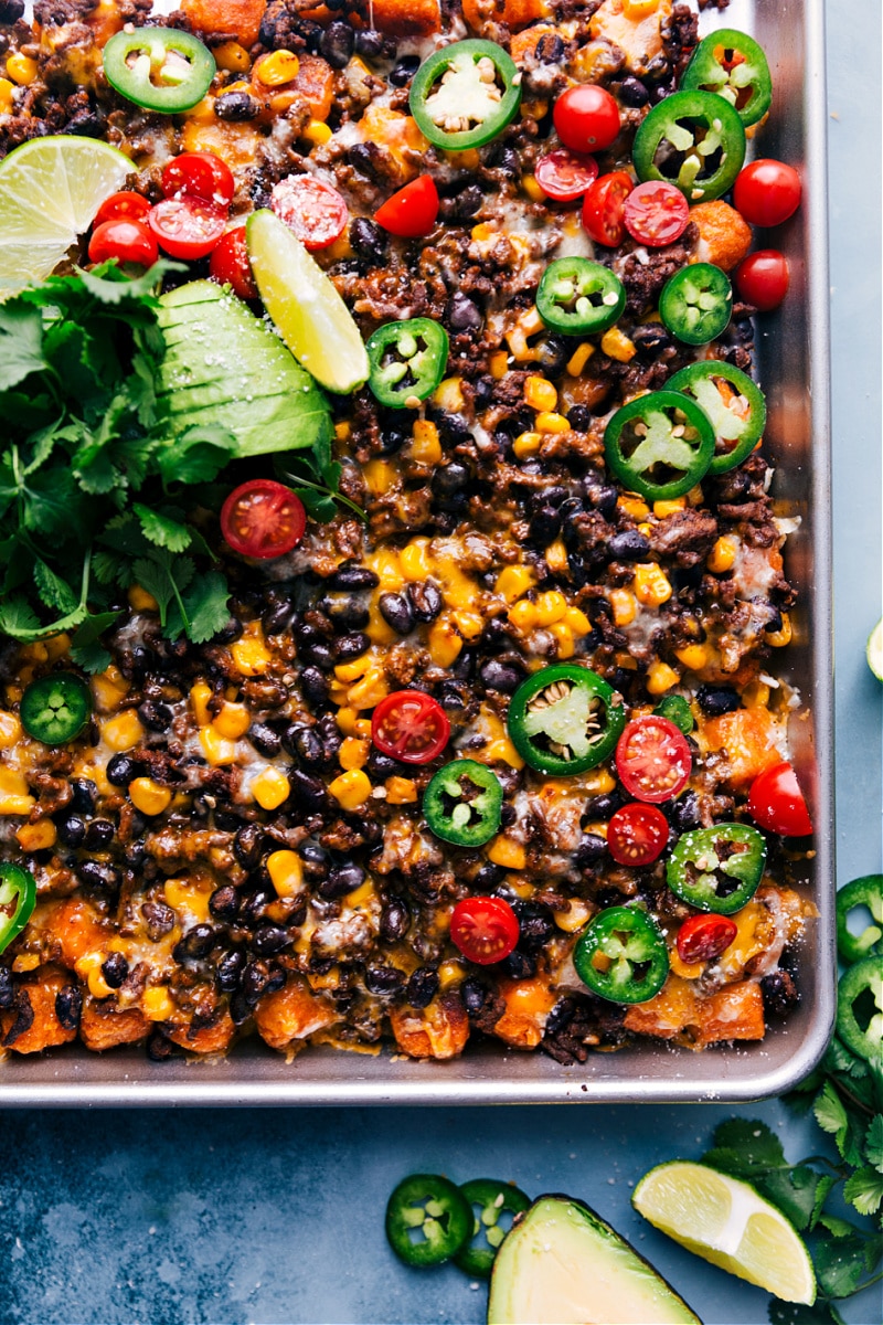 Up close overhead image of the Totchos ready to be served