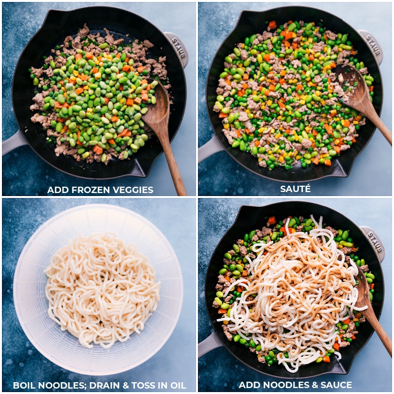 Process shots-- images of the frozen veggies being added; the noodles, and sauce