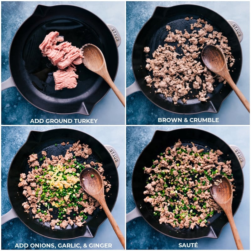 Process shots of Udon Stir Fry-- images of the ground turkey being browned and the onions, garlic, and ginger being added