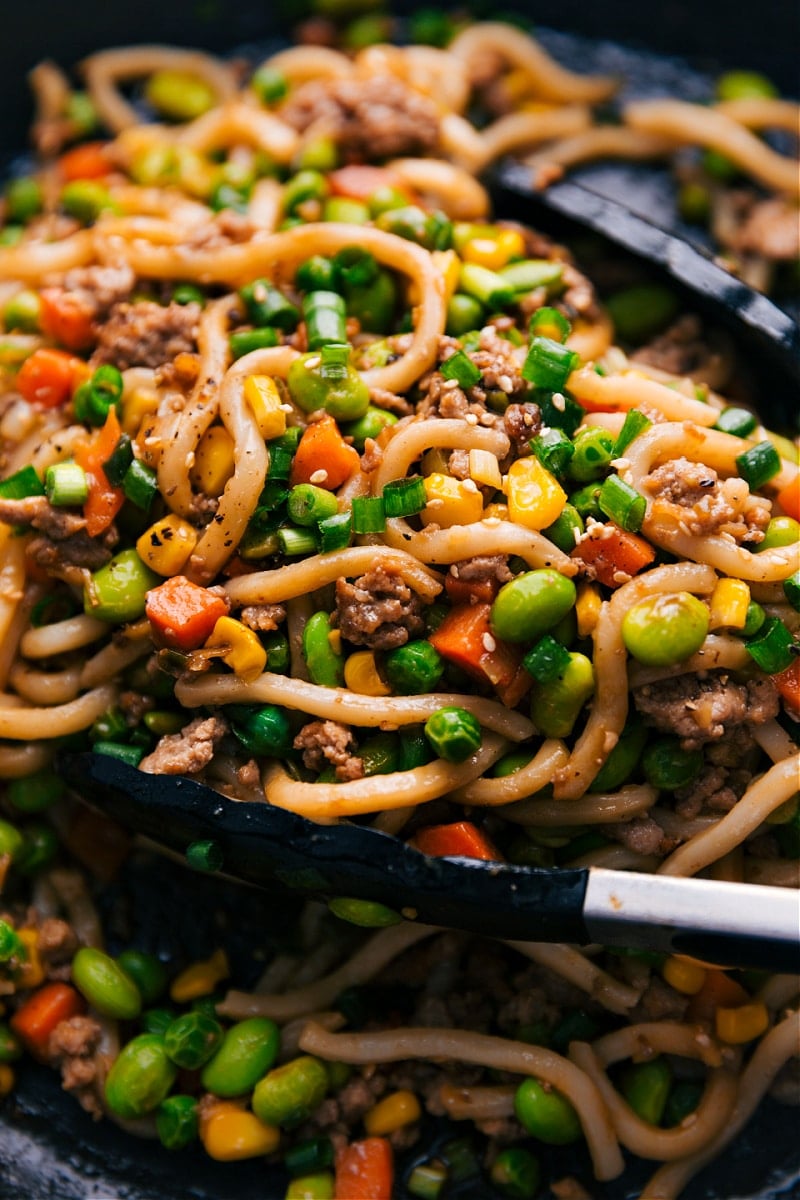 Up-close overhead image of the Udon Stir Fry ready to be served