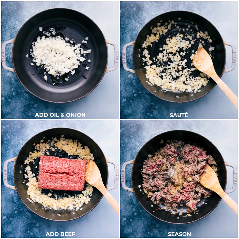 Process shots of Big Mac In A Bowl-- images of the onions being sautéed and the beef being browned