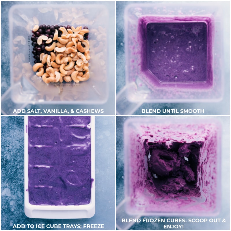 Process shots of Blueberry Ice Cream-- images of the salt, vanilla, and cashews being added to the blender and it all being blended together and then frozen in ice cubes trays
