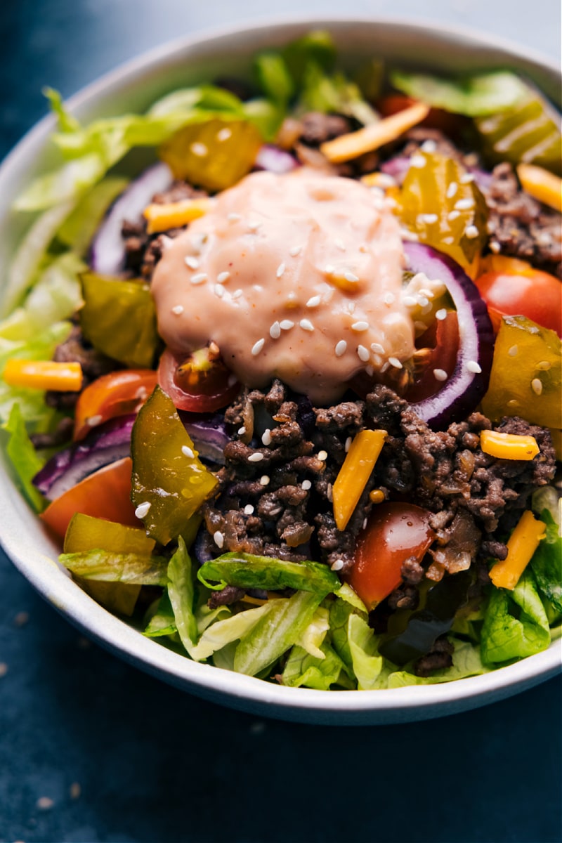 Up-close side shot of the Big Mac In A Bowl ready to be eaten