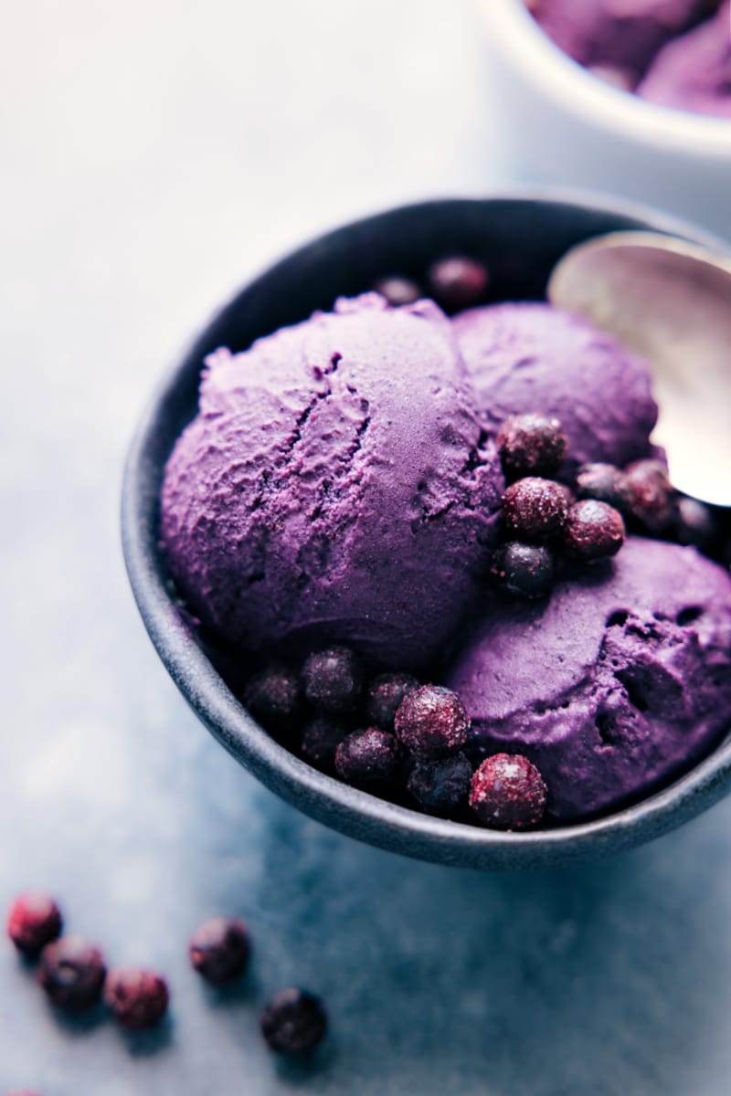 Up close image of Blueberry Ice Cream in a bowl