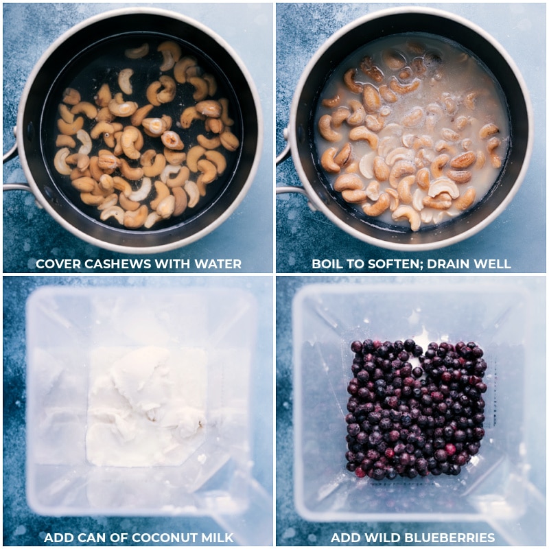 Process shots-- images of the cashews soaking, then your coconut milk and wild blueberries being added to the blender