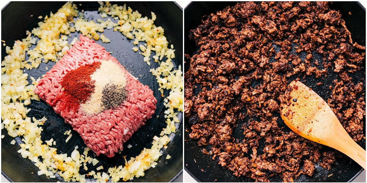 Ground beef being browned with onions and seasonings in a skillet.