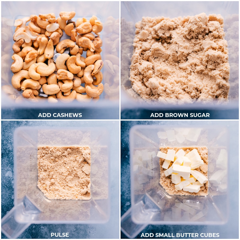 Process shots-- images of the cashews and brown sugar being added to a blender and it being blended together and then butter cubes being added in