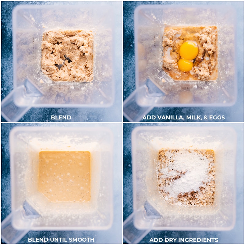 Process shots of Cashew Cake-- images of the vanilla, milk, eggs, and dry ingredients being added to the blender