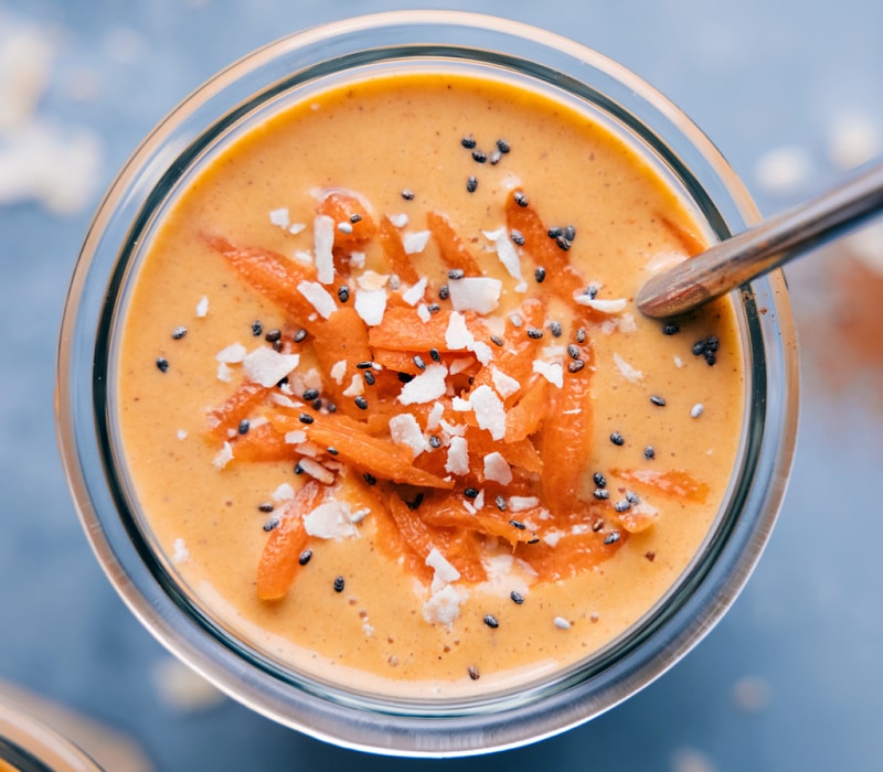 Overhead image of the Carrot Smoothie ready to be enjoyed