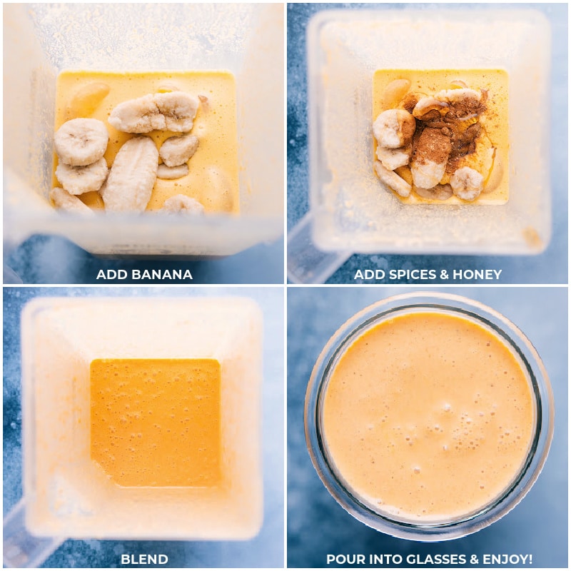 Process shots of carrot smoothie-- images of the banana, spices, and honey being added and it all being blended together and poured into a glass to enjoy