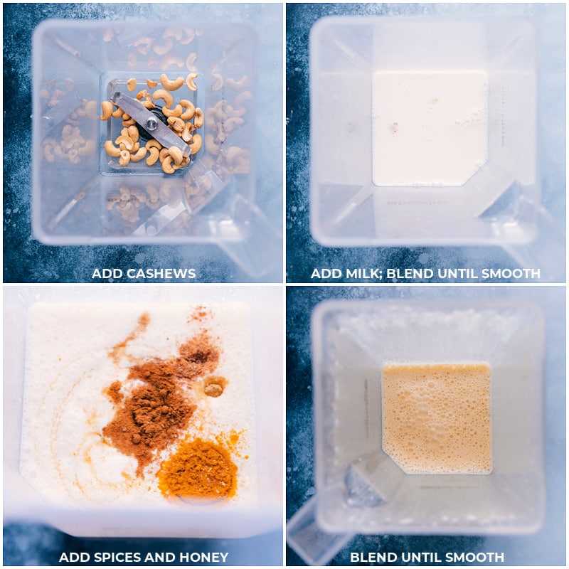 Process shots-- images of the cashews, milk, spices, and honey being added to the blender