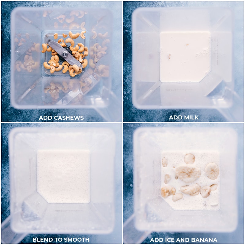 Process shots: blend cashews, milk, ice and banana.