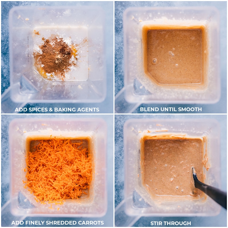 Process shots of gluten-free carrot cake--images of the spices, baking agents, and finely shredded carrots being added and blended together