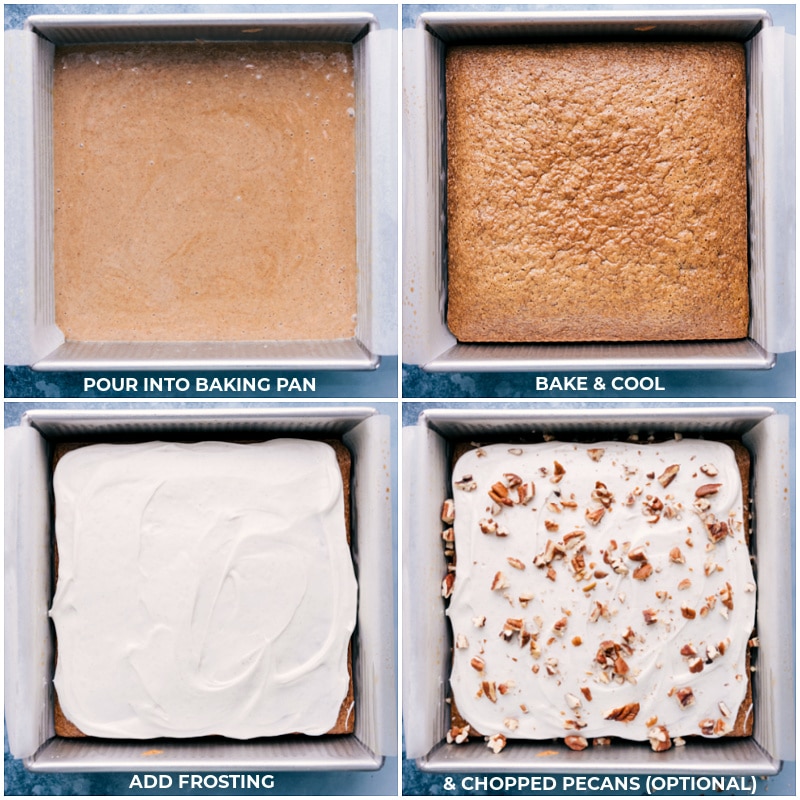 Process shots-- images of the batter being poured into the pan, then being baked, and finally being frosted