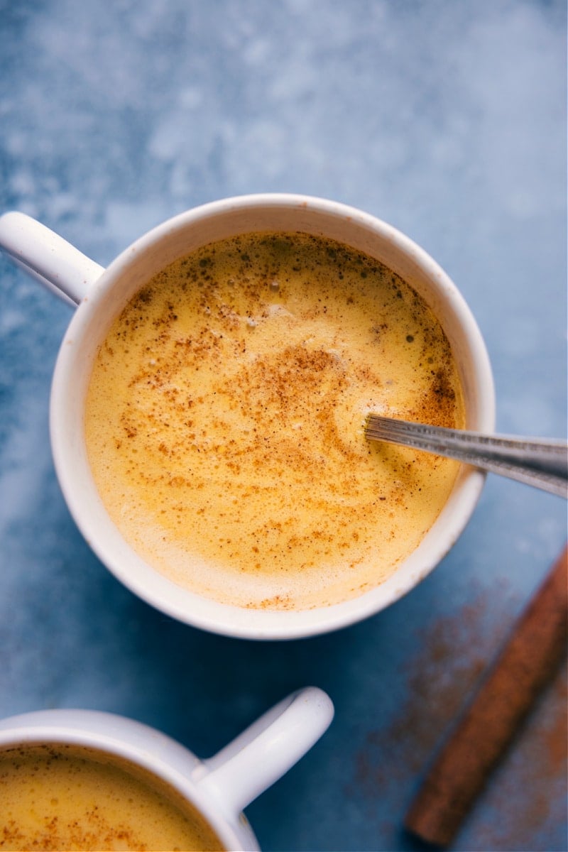 Up-close overhead image of Golden Milk in a cup