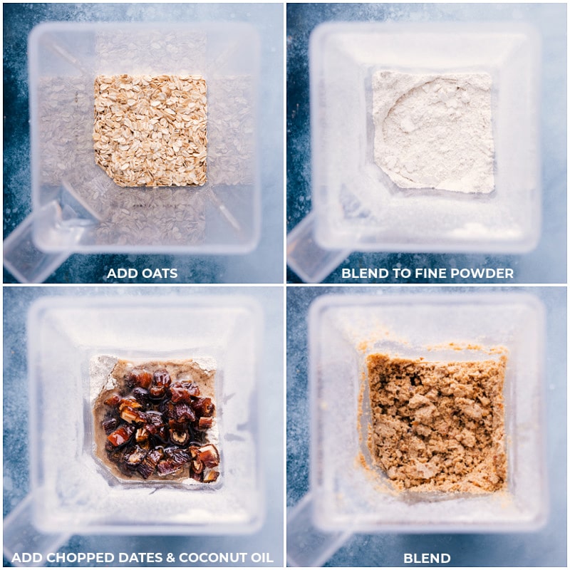 Process shots-- images of the oats, chopped dates, and coconut oil being blended together