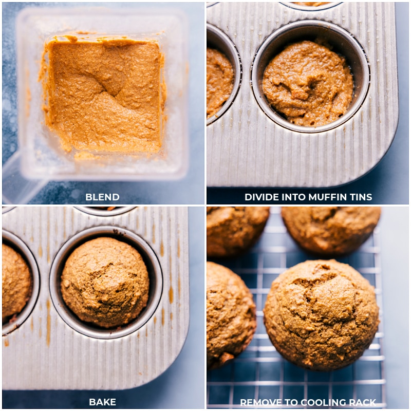 Process shots-- images of the blended mixture being transferred to the muffins tins and baking